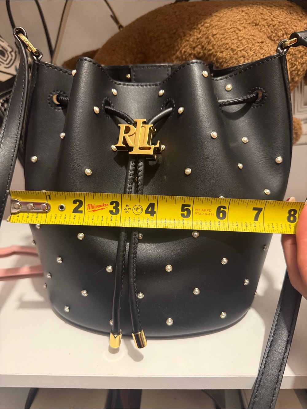 Ralph Lauren Black Pearl-Stud Drawstring Bucket Bag - Picture 8 of 10
